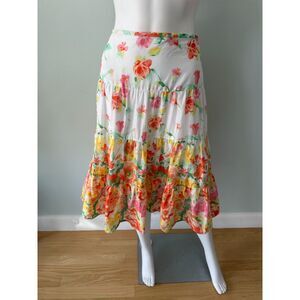 Floral Tiered Maxi Skirt Cotton Watercolor Pink Yellow Orange Boho Ruffle 14
